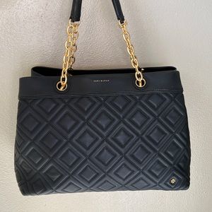 Tory Burch Quilted Black Leather NEW worn once handbag purse gold chain